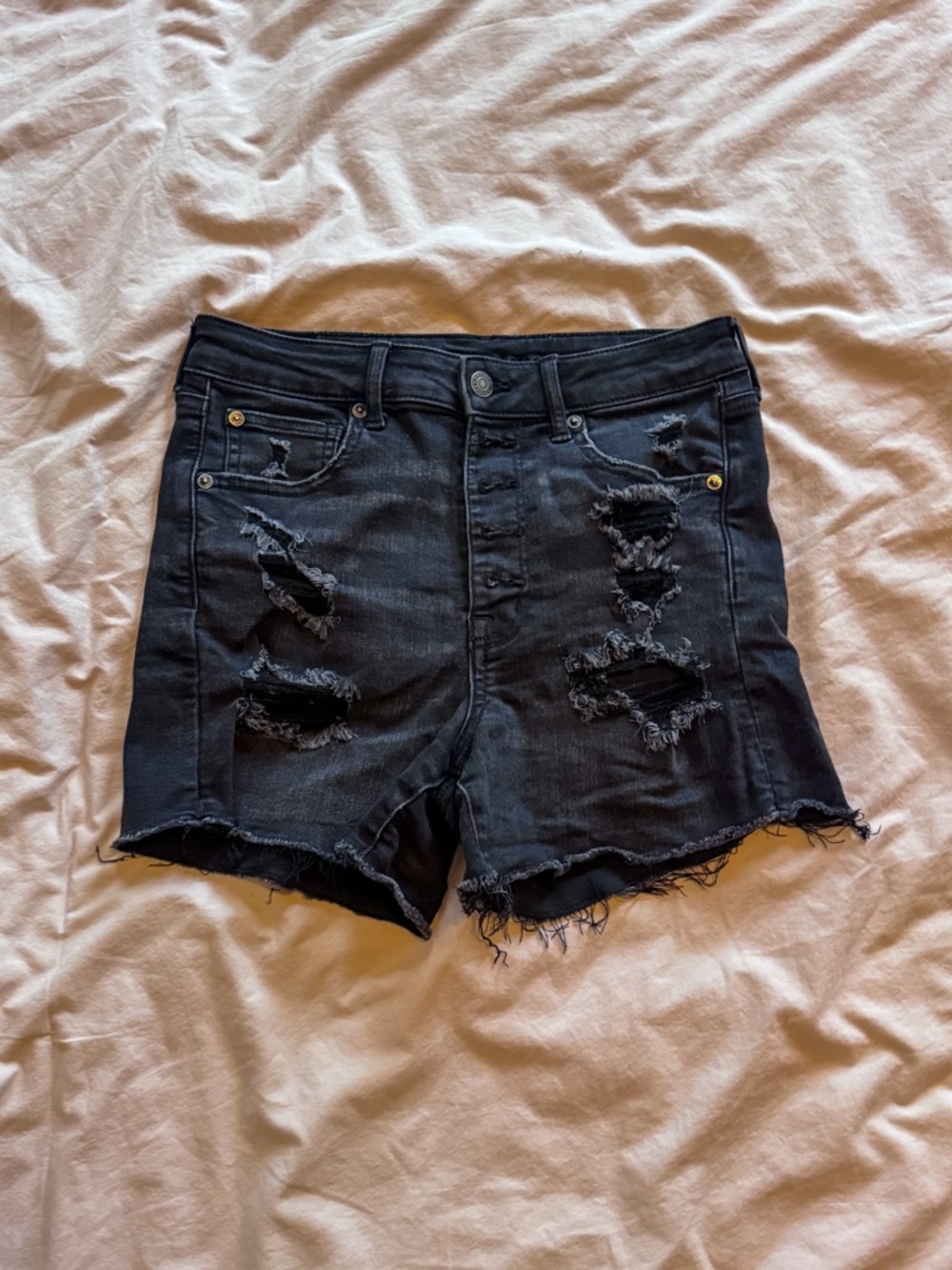 American Eagle Outfitters Black Distressed Mid-Rise Denim Shorts